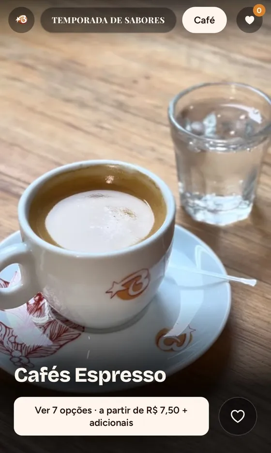Vídeo de um café espresso em tela cheia, com opções e preço